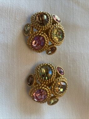 Gold-Tone Clip Earrings with Pink and Green Stones